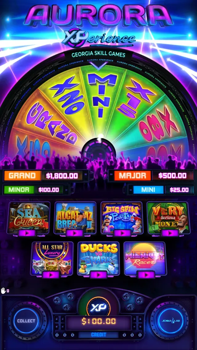 A slot machine interface with a neon aurora theme. It features a prize wheel, several mini-game icons, and prize amounts.