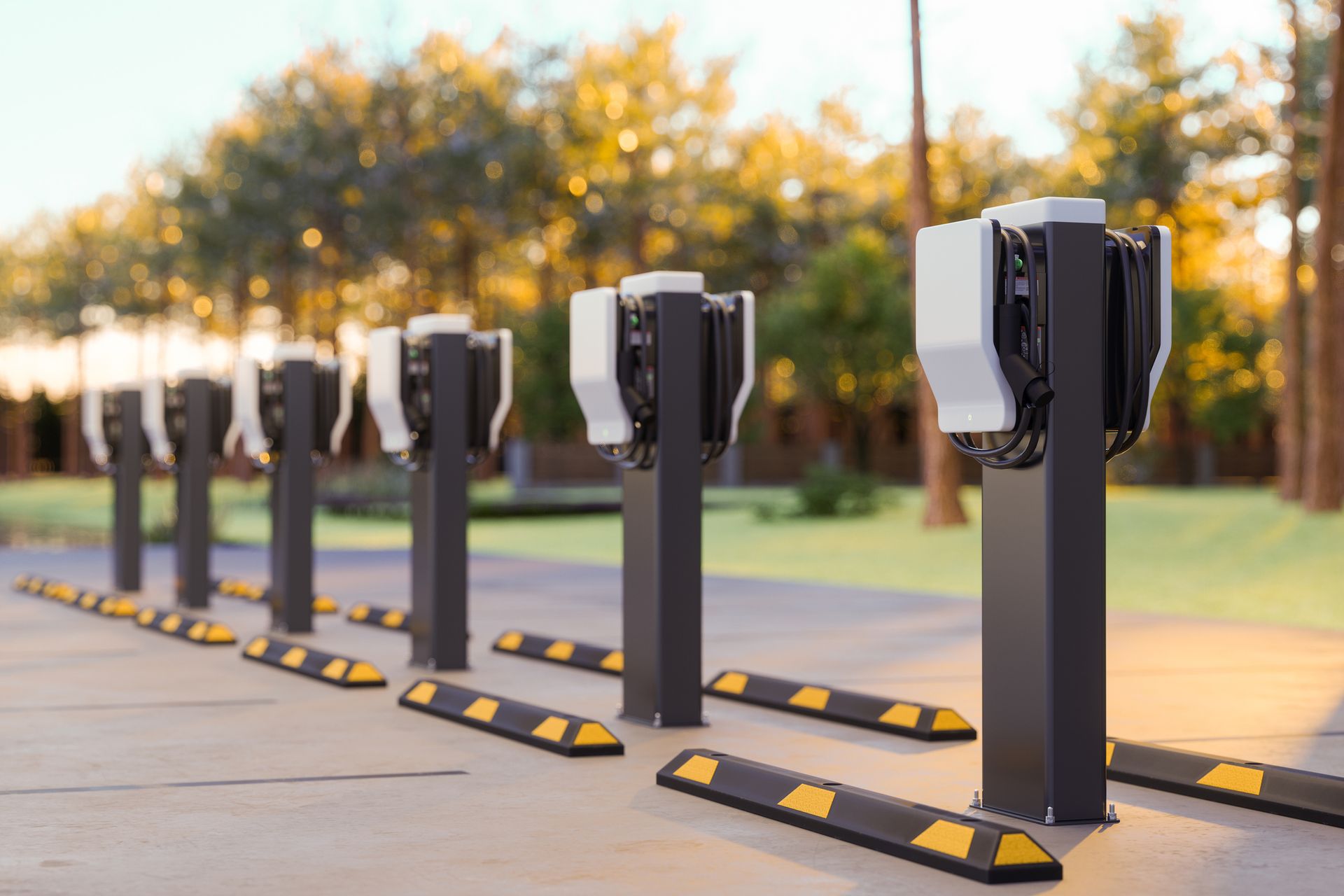 A row of electric vehicle charging stations in a park.