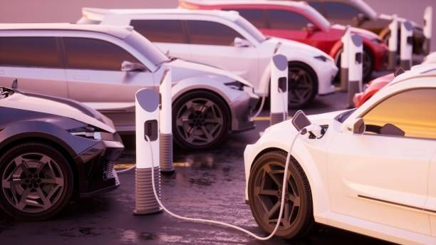 A row of electric cars are charging at charging stations in a parking lot.