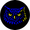 Stylized blue and yellow owl face on a black circular background