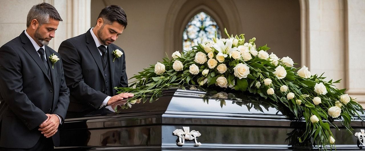 Brown casket, with white roses over it