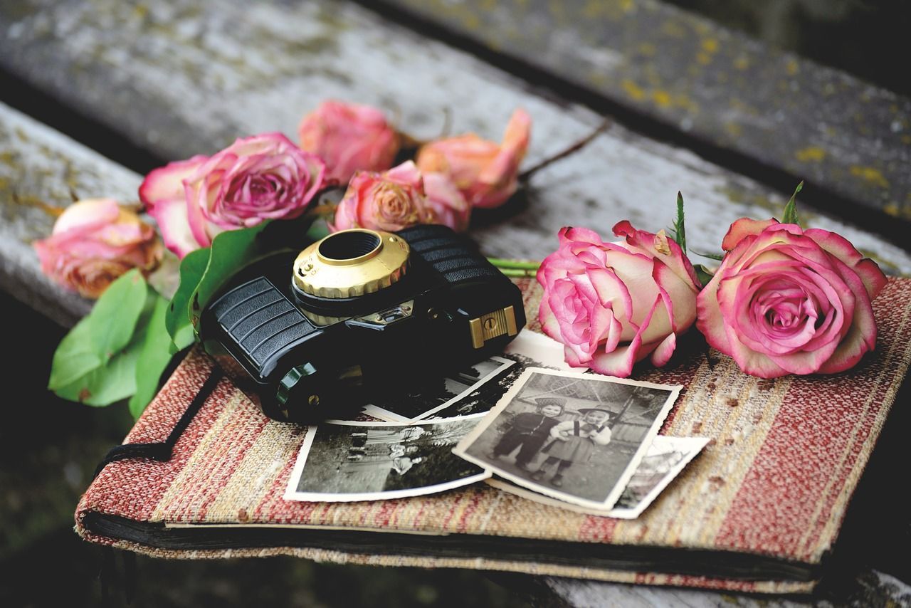 Vintage camera and old photographs with pink roses on a bench, symbolizing cherished memories.