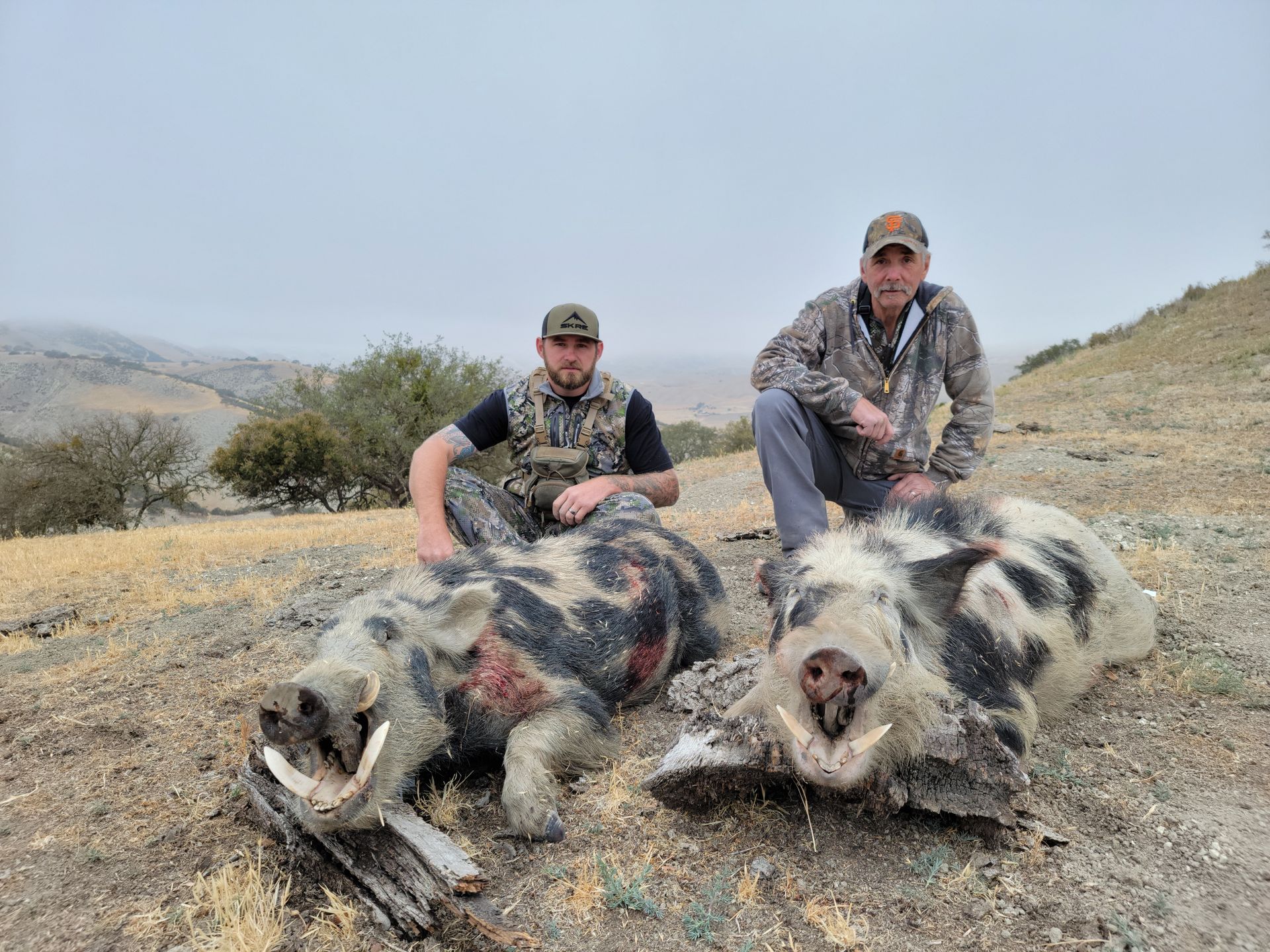 Father and son with trophy boars from guided hunt