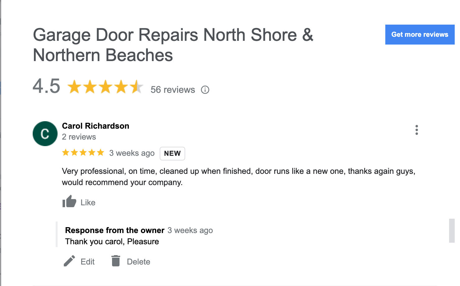 A google review for garage door repairs north shore and northern beaches.