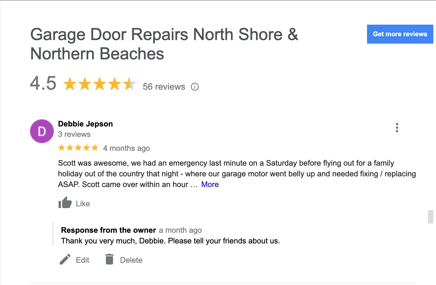 A google review for garage door repairs north shore & northern beaches