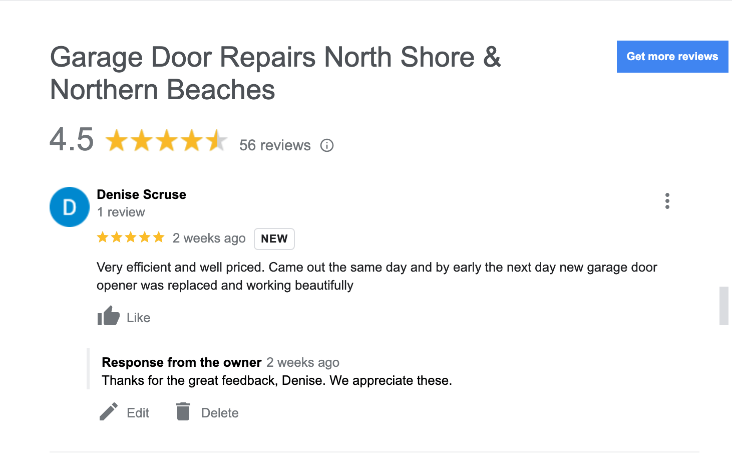 A google review for garage door repairs north shore & northern beaches