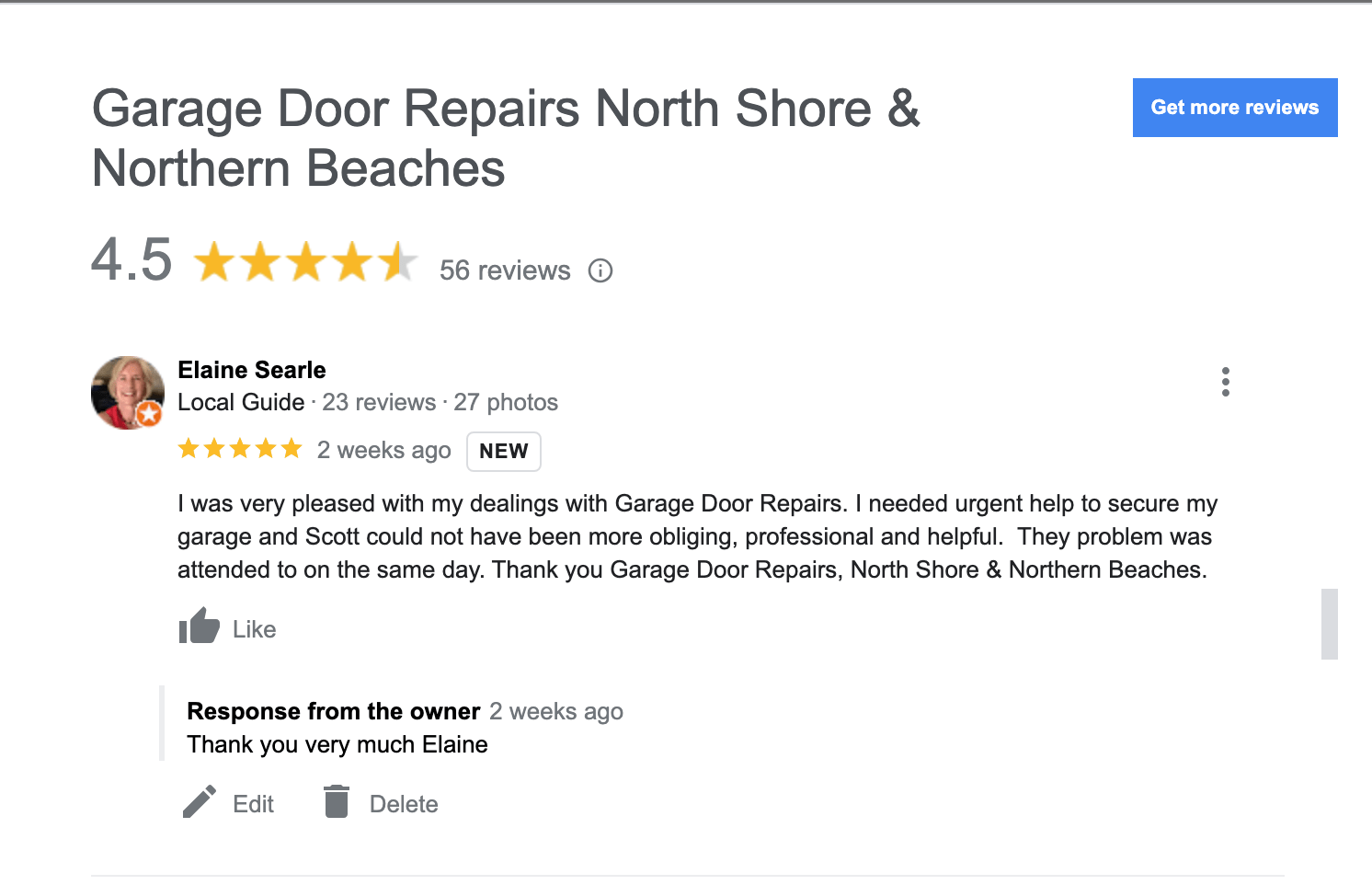 A screenshot of a google review for garage door repairs north shore & northern beaches.