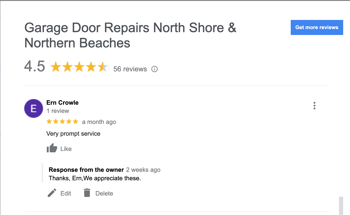 A google review for garage door repairs north shore & northern beaches