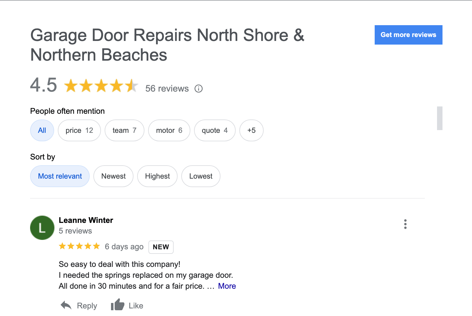 A screenshot of a google review for garage door repairs north shore & northern beaches.