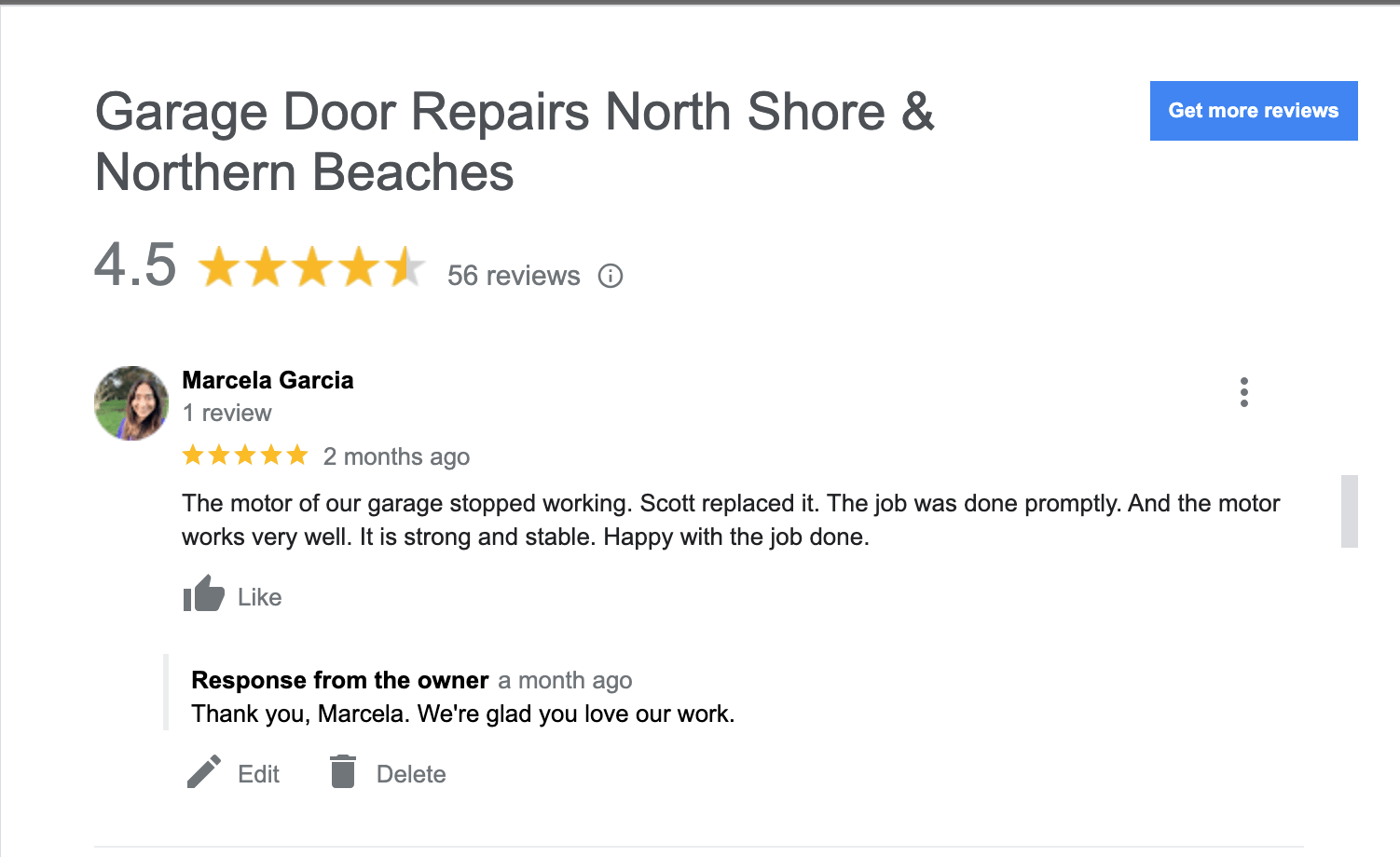 A screenshot of a google review for garage door repairs north shore & northern beaches.