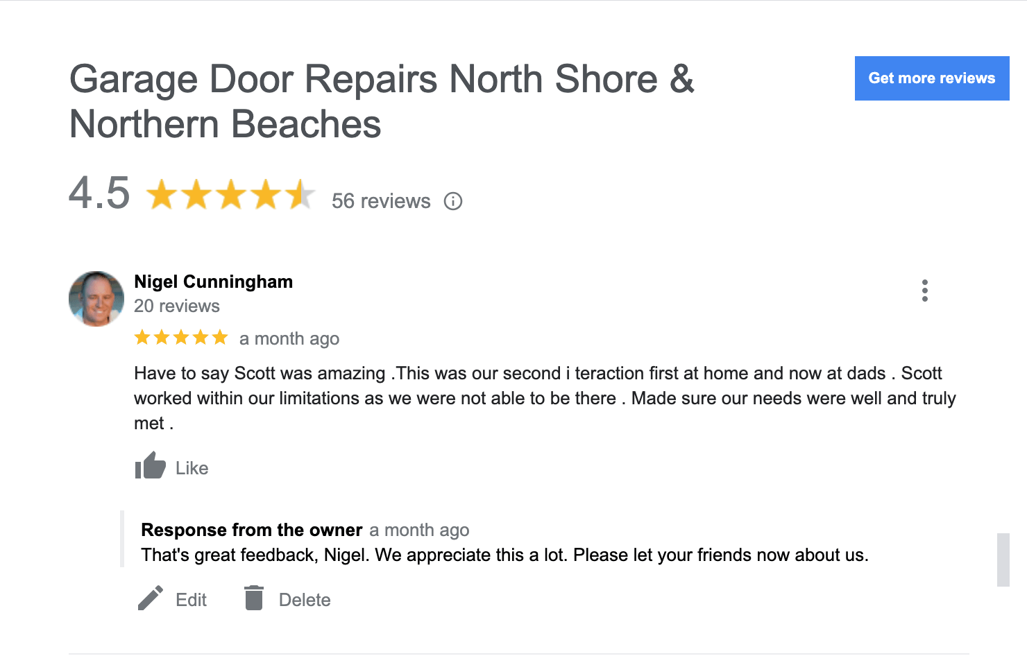 A google review for garage door repairs north shore & northern beaches