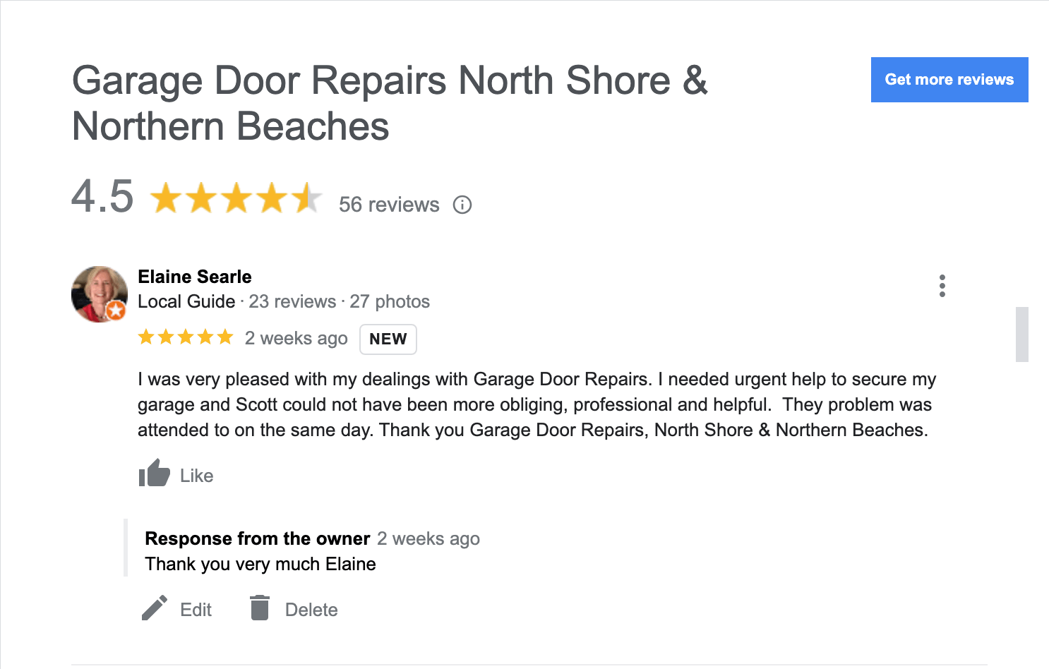 A google review for garage door repairs north shore and northern beaches.