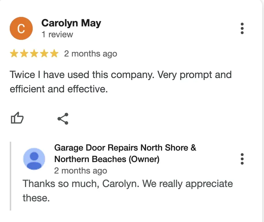 A google review for garage door repairs north shore & northern beaches