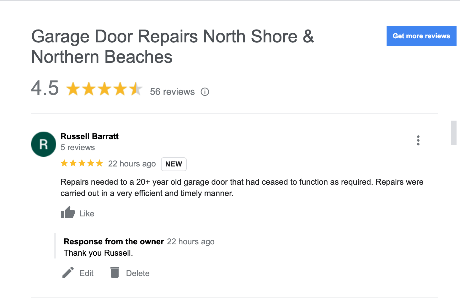 A google review for garage door repairs north shore and northern beaches.