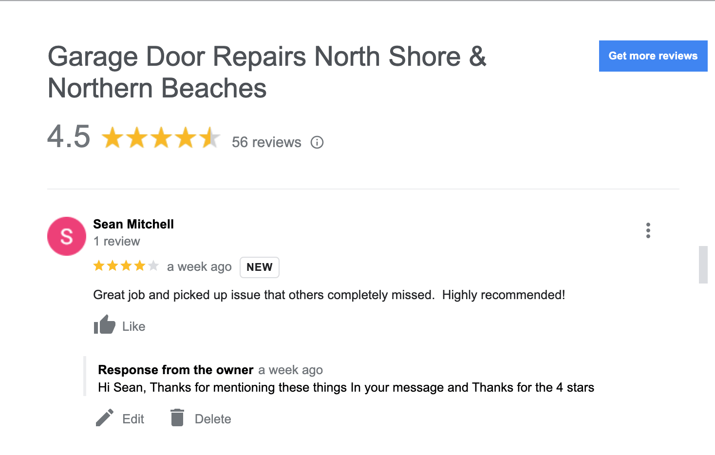 A screenshot of a google review for garage door repairs north shore & northern beaches.