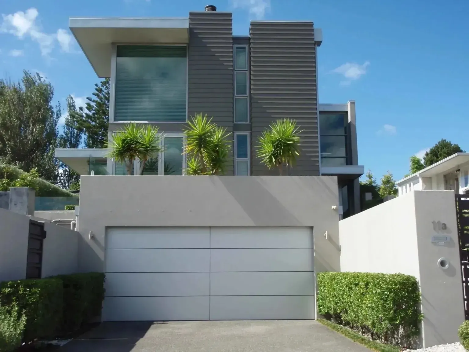New garage door and A row of palm trees against a blue sky