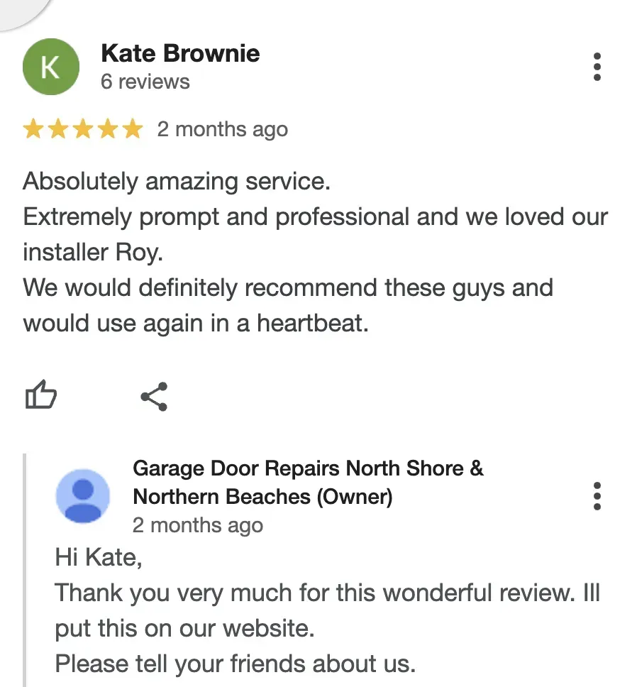 A google review for garage door repairs north shore & northern beaches