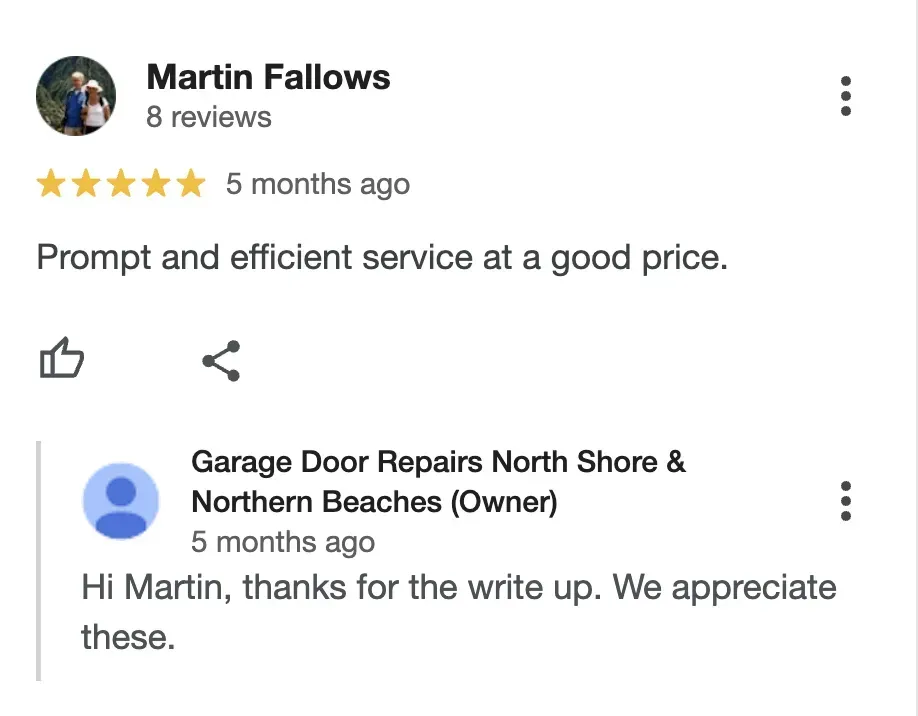 A google review for garage door repairs north shore & northern beaches