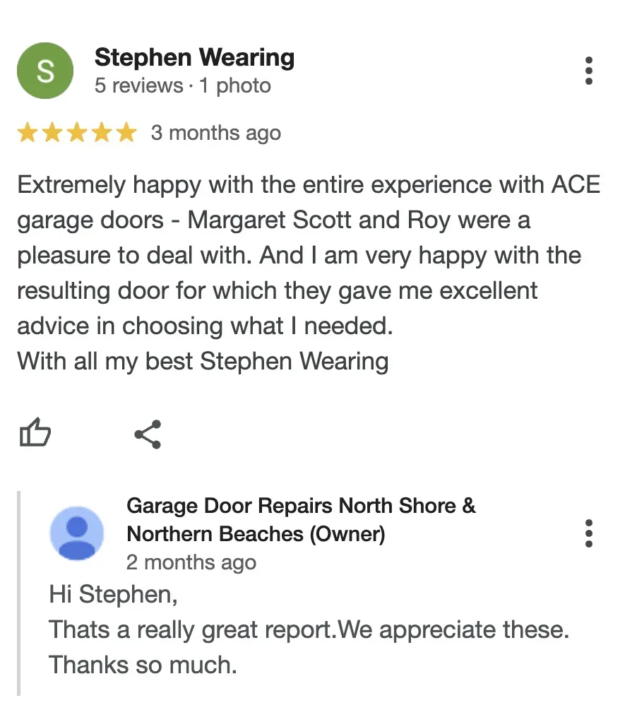 A screenshot of a google review for garage door repairs north shore & northern beaches.
