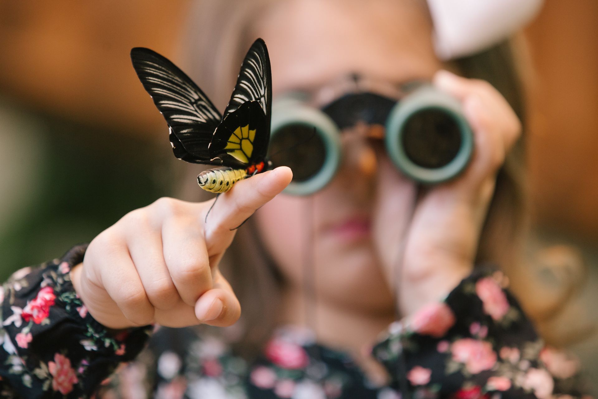 A little girl is holding a butterfly on her finger while looking through binoculars.