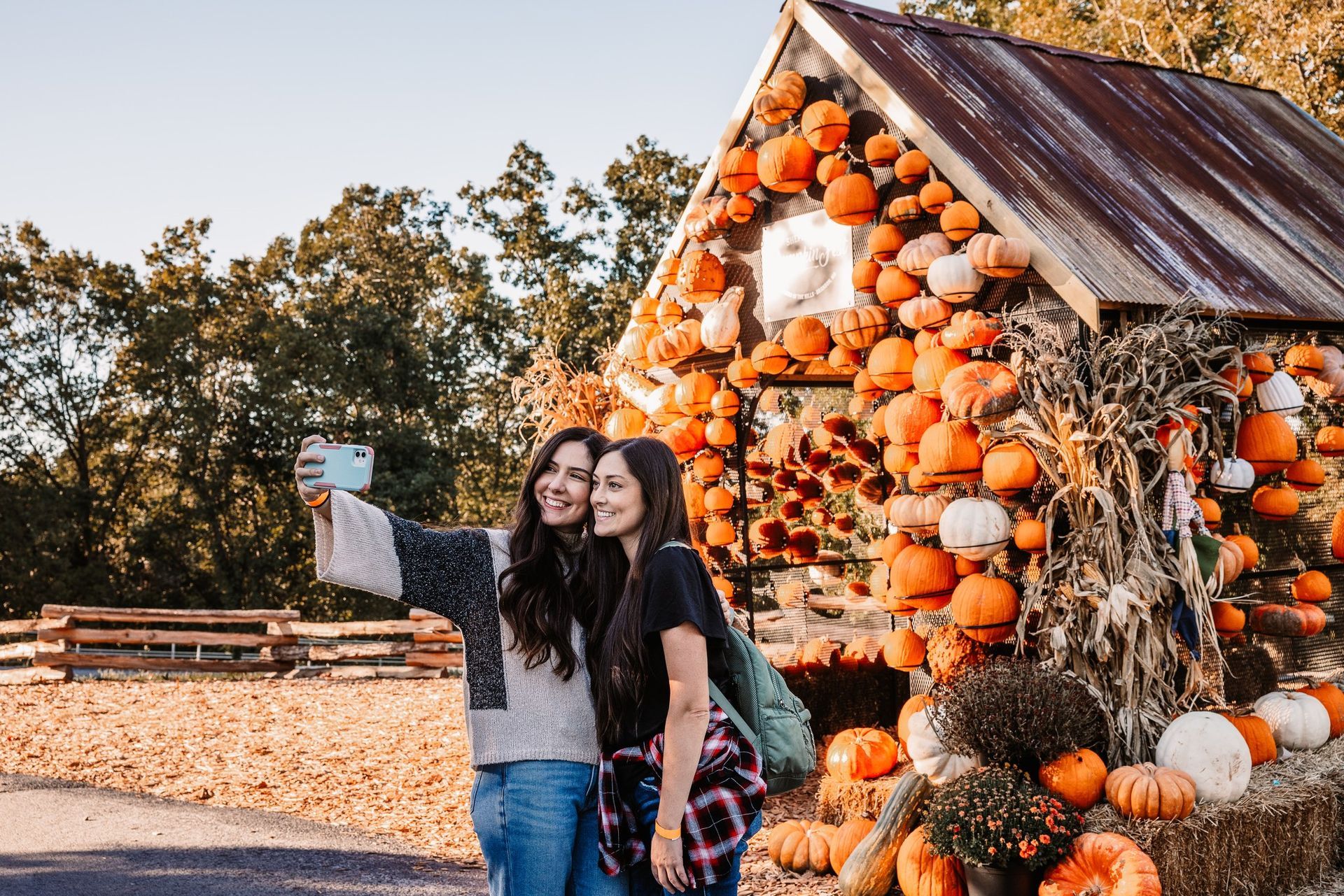 Two women are taking a selfie in front of a pumpkin patch.