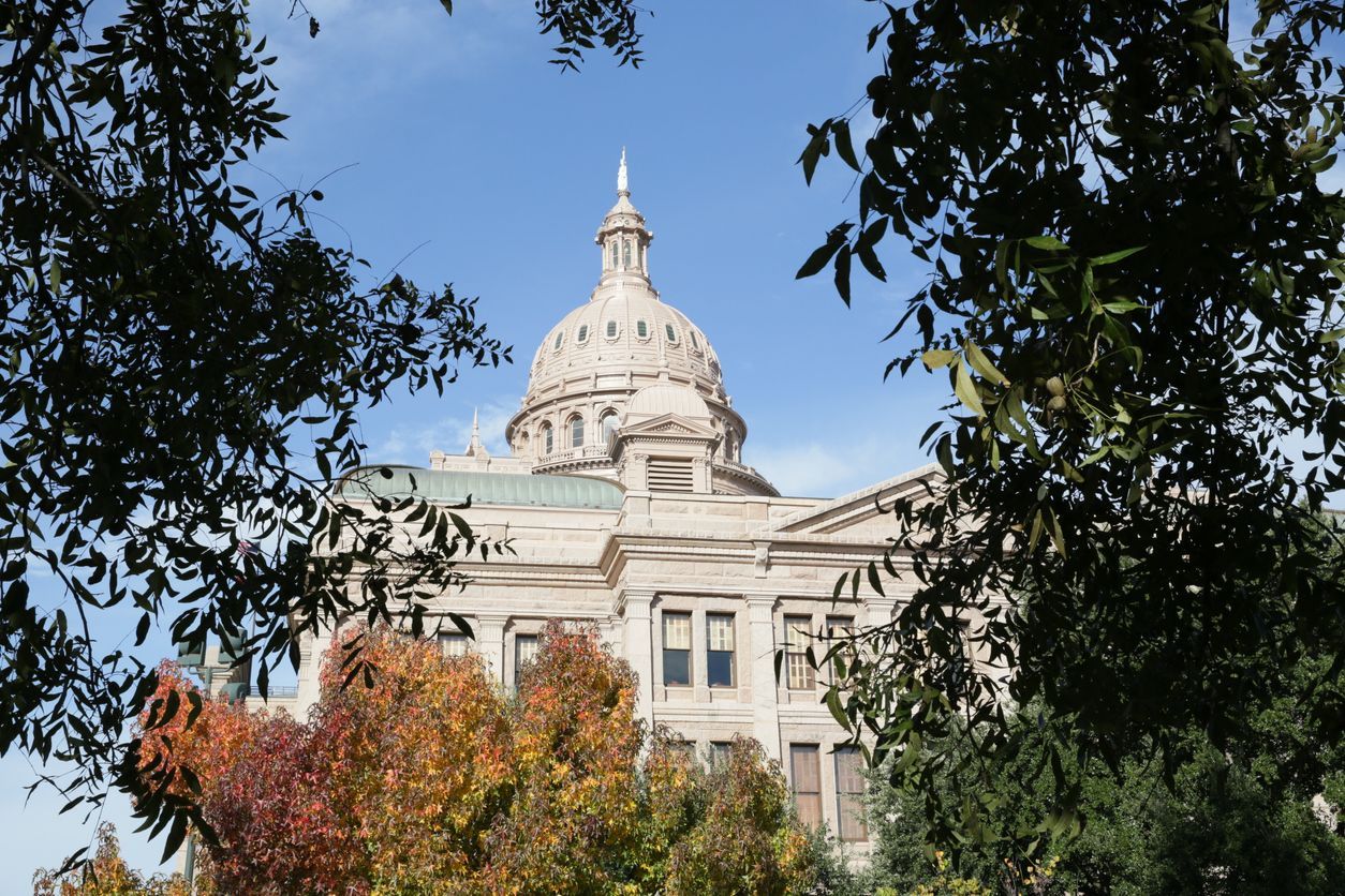 A large building with a dome surrounded by trees