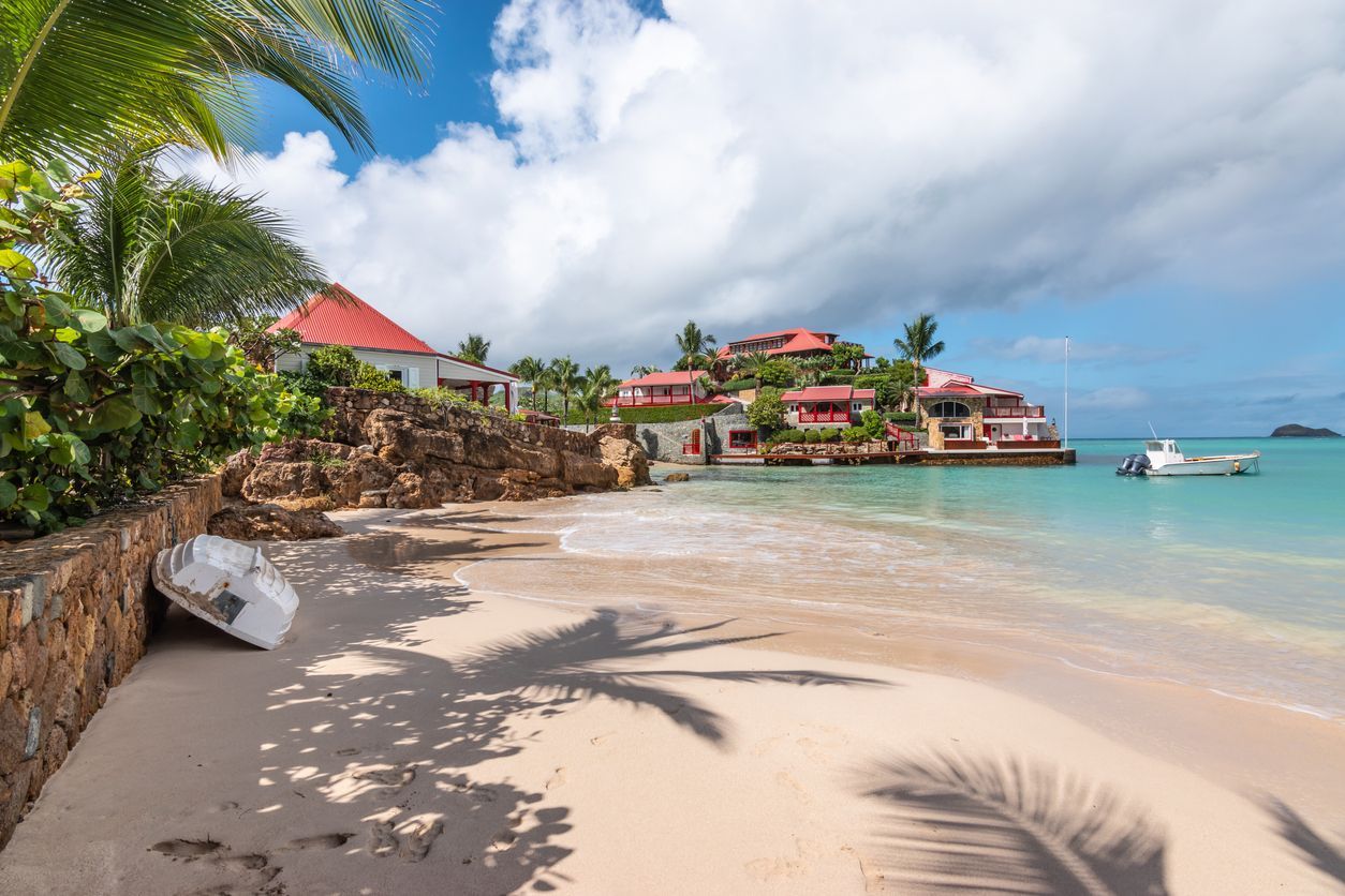 A boat is sitting on the beach next to a palm tree.