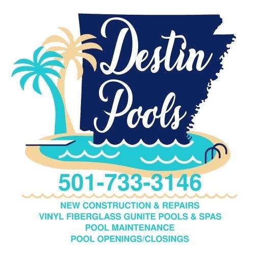 A logo for destin pools with a phone number