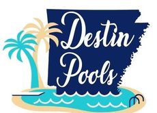 A logo for destin pools with a palm tree and a boat in the water.
