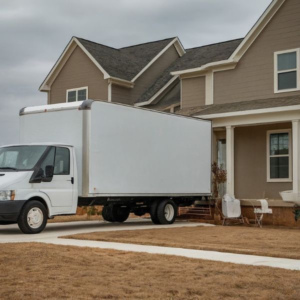 A white truck is parked in front of a house