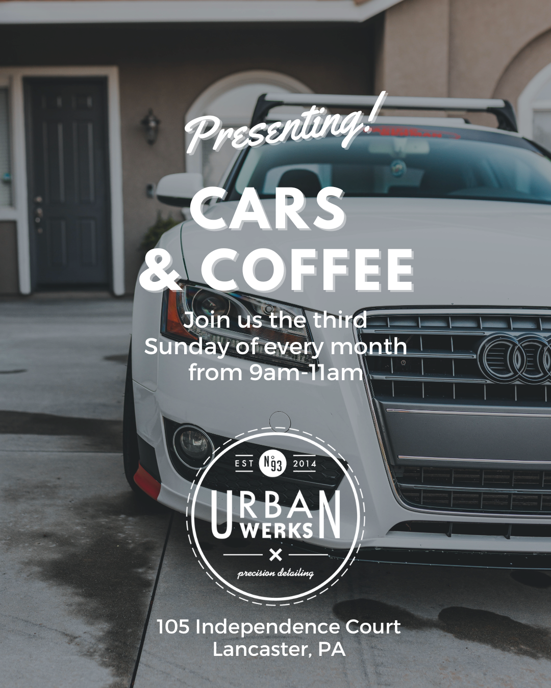 A poster that says `` presenting cars and coffee join us the third sunday of every month from 9 am-11am ''