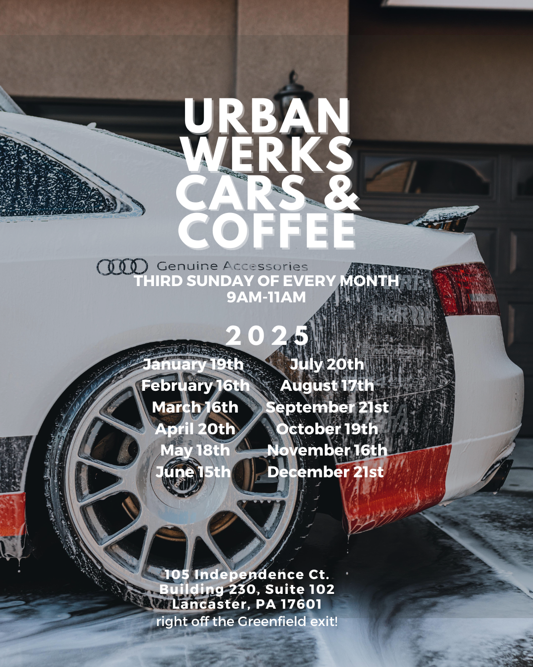 A poster for urban werks cars and coffee third sunday of every month