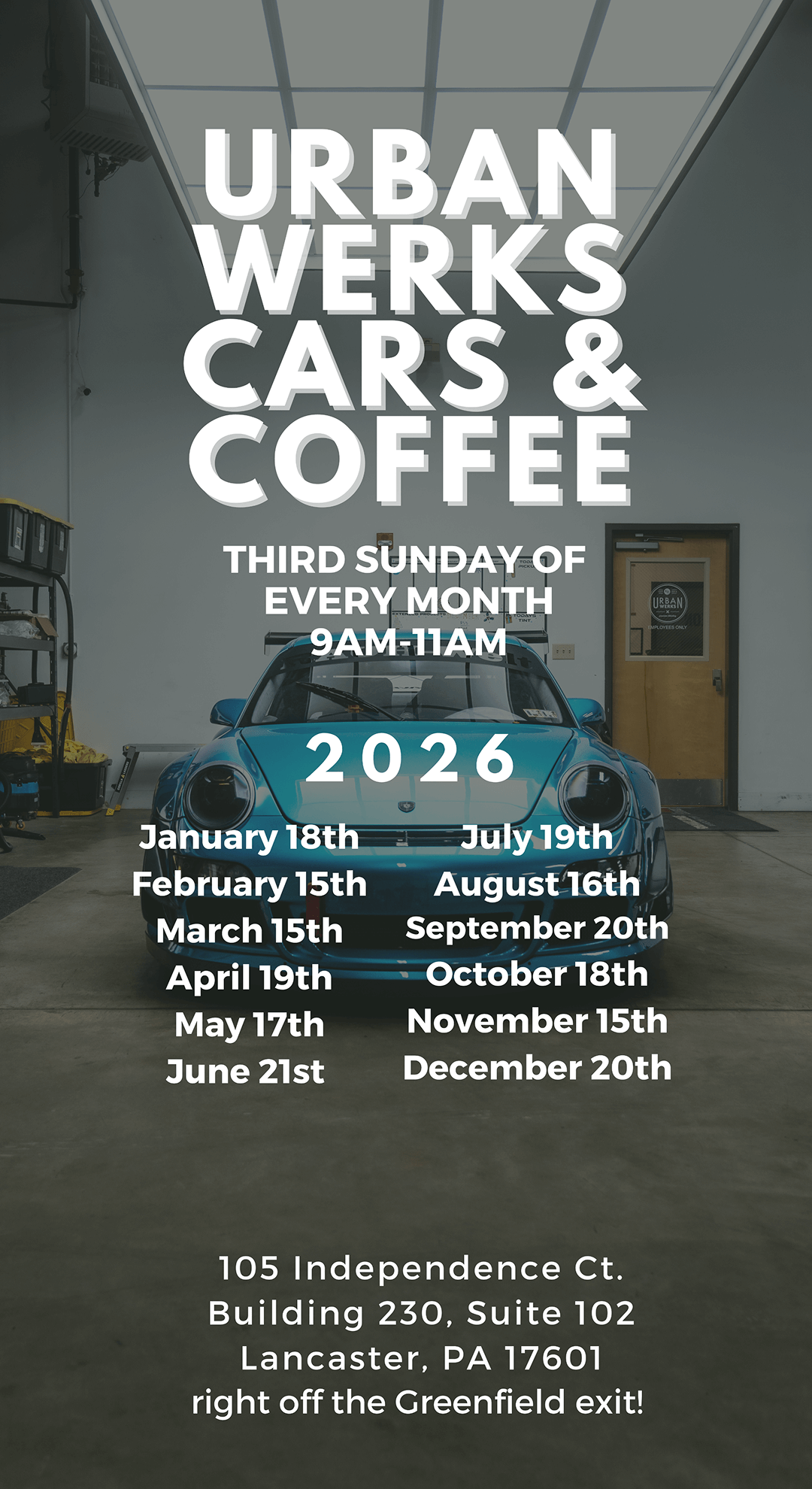 A poster for urban werks cars and coffee third sunday of every month
