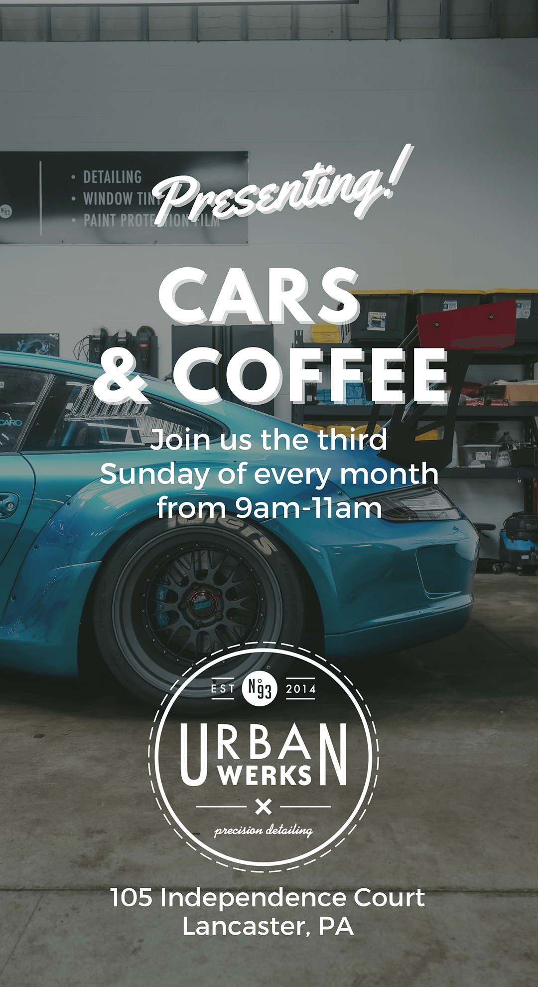 A poster that says `` presenting cars and coffee join us the third sunday of every month from 9 am-11am ''