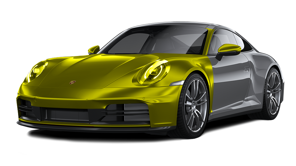 A two-toned Porsche 911 sports car. The front is gold, the back half is gray.