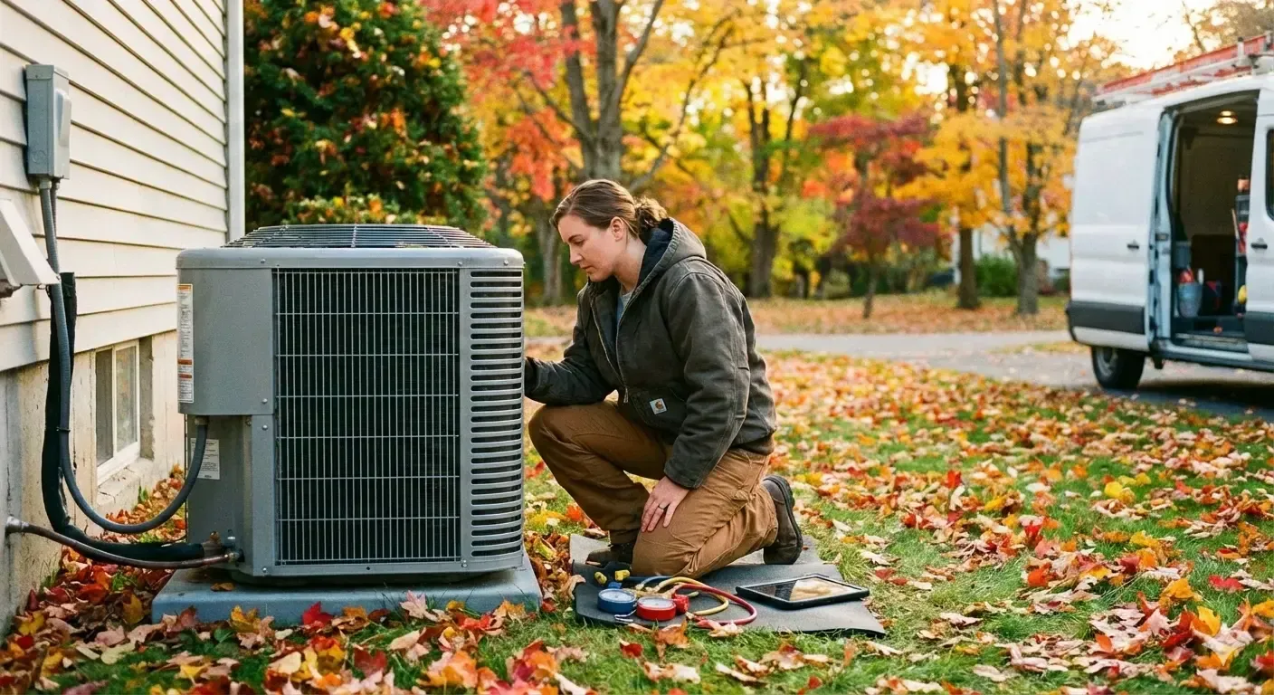 Brighton Heating and Cooling technician performing seasonal HVAC maintenance in Lansing, Michigan
