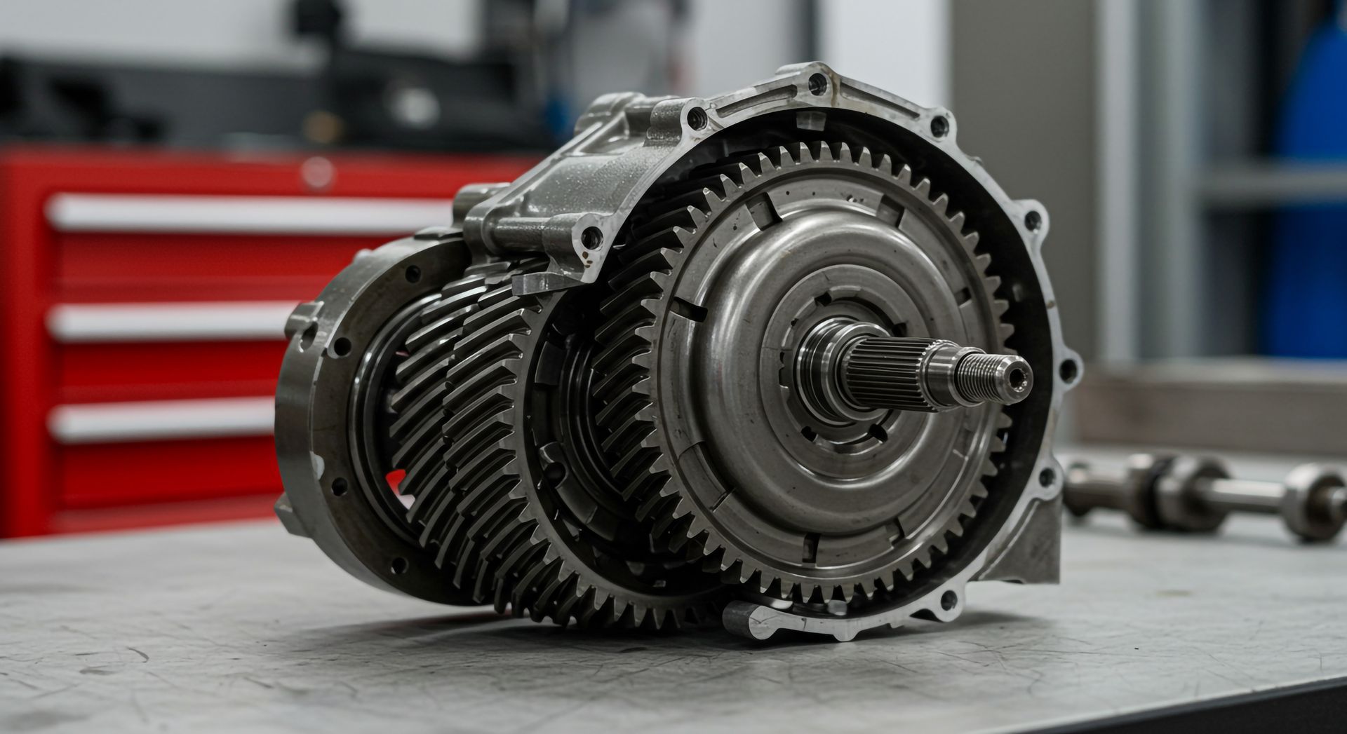 Disassembled metal gearbox with exposed gears on a workbench.