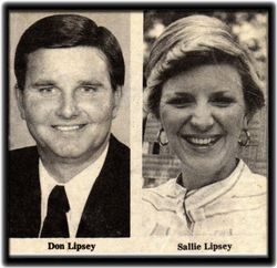 Portraits of Don and Sallie Lipsey. Don in suit, smiling. Sallie smiling in striped blouse, earrings.