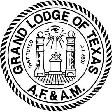 Seal of the Grand Lodge of Texas A.F. & A.M. with eye, columns, and text in a circular border.