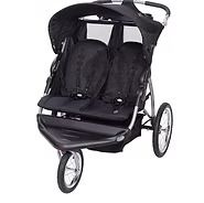 A black double stroller with a canopy on a white background.