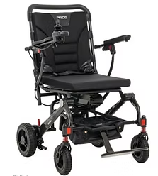 A black electric wheelchair with a bottle holder on the arm.