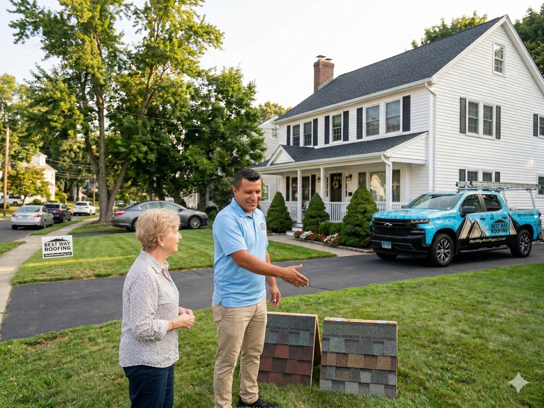 Construction worker hammering a nail into gray bricks, wearing a white shirt and orange hard hat.