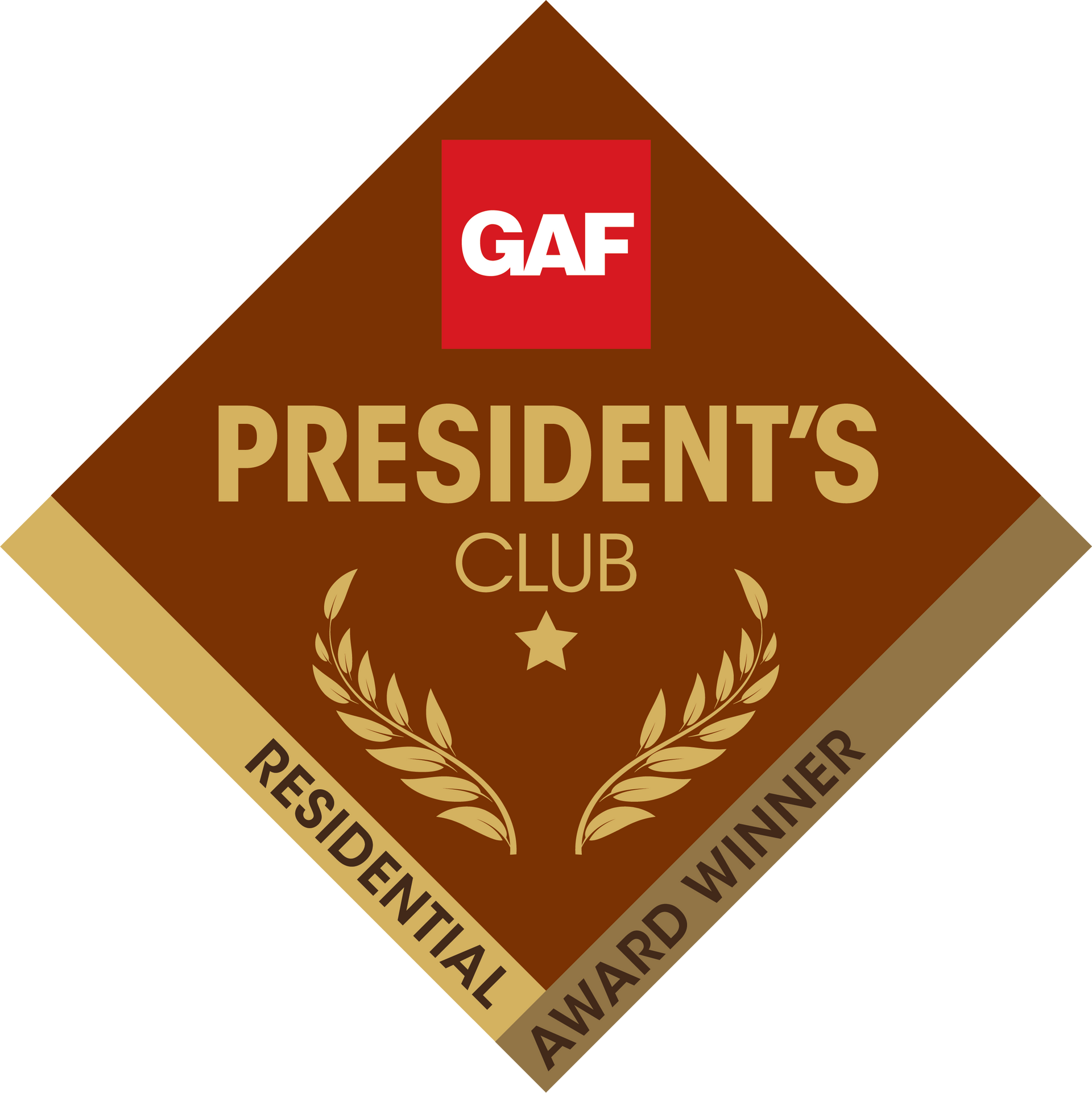 GAF President's Club award logo: brown diamond with gold accents, text, laurel leaves, star, and GAF logo.