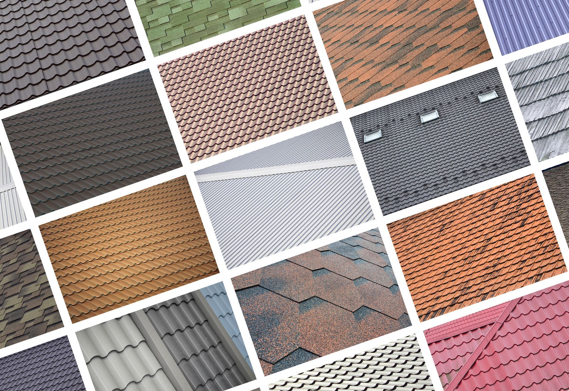 Collage of colorful roof shingles and tiles in different textures and patterns
