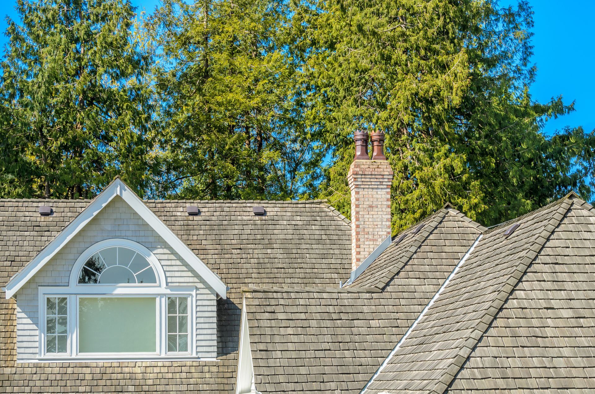 Suburban house roof with dormer windows, chimney, and tall green trees against a blue sky