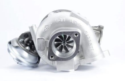 A close up of a Garrett turbocharger on a white background.