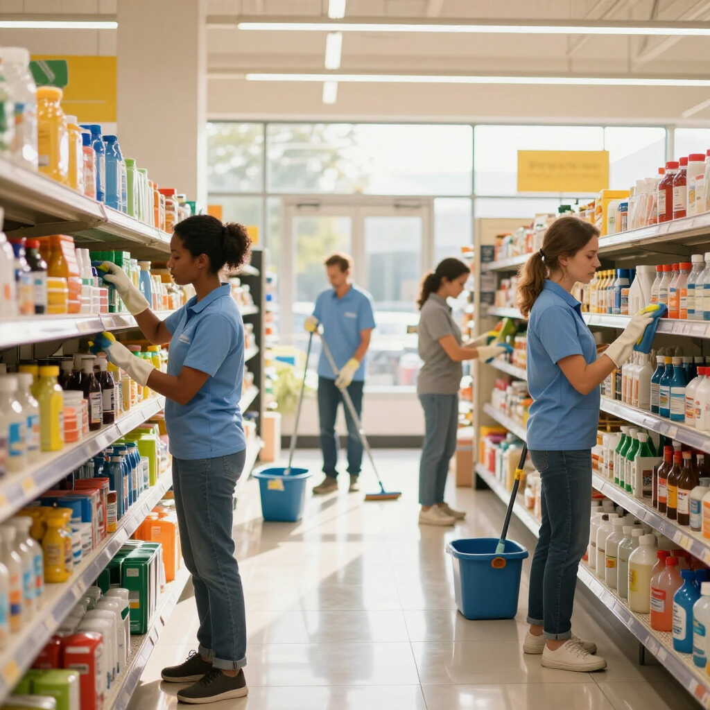 Four workers in blue uniforms tidy shelves and clean floors in a brightly lit grocery store aisle.
