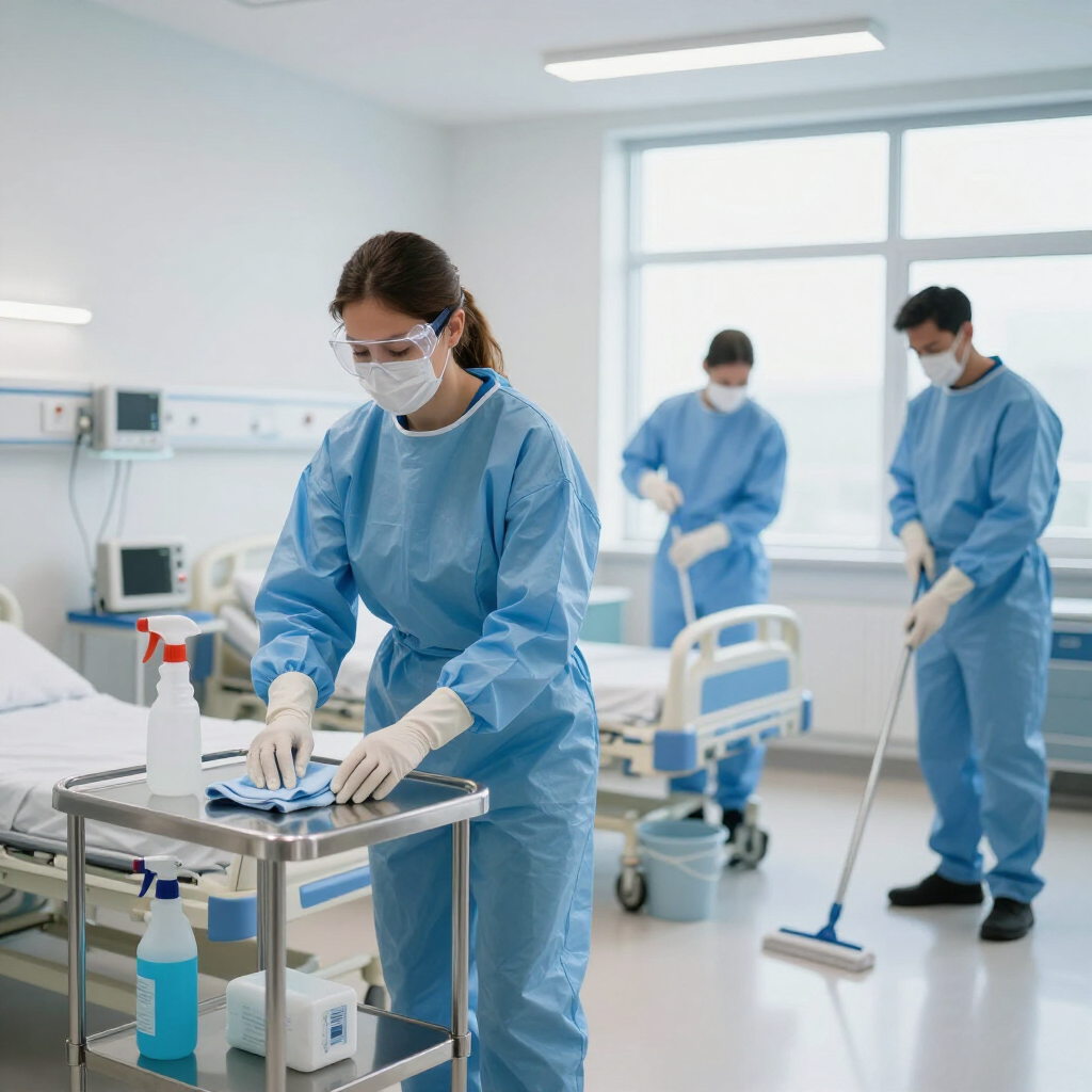 Three medical staff in blue protective gear clean a hospital room; one wipes a bedside table while two mop the floor.