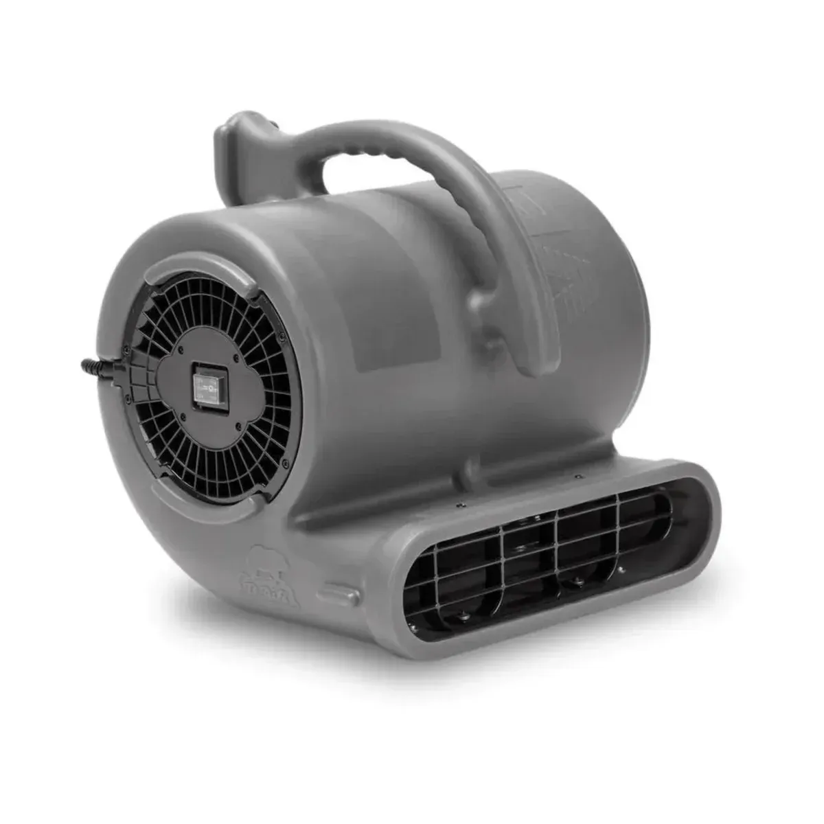 A gray air blower with a handle on a white background.