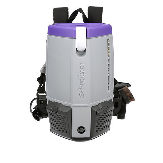 A purple and gray backpack vacuum cleaner on a white background.